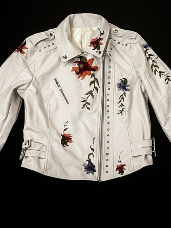 Jackets & Blazers - White Floral Embroidered Faux-Leather Moto Jacket